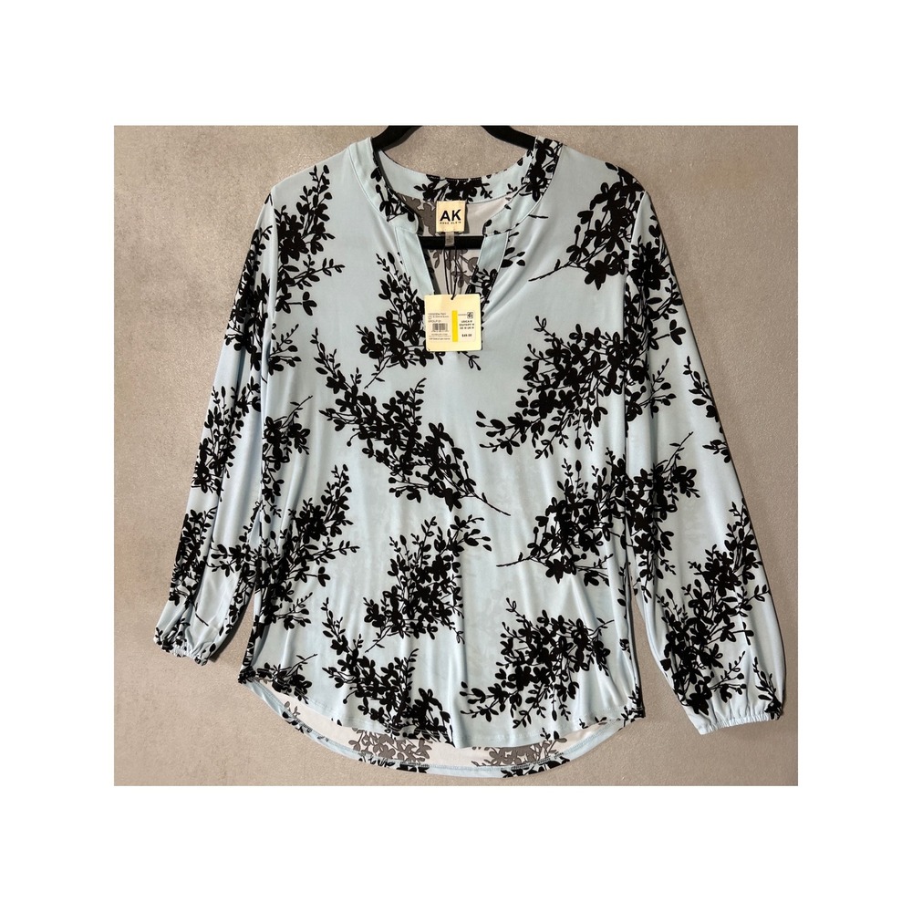 Anne Klein Light Blue Floral Split‎ Neck Blouse Long Sleeve Medium NWT